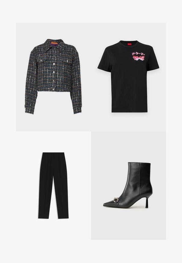 BOSS JANDRA - Välikausitakki - black; Mustaa puuvillapaitaa, jossa on lyhyet hihat, ja vasemmassa rinnassa vaaleanpunainen grafiikka aurinkolaseista sekä teksti "Not Your Girl."; Mustat housut suoran istuvuuden kanssa, joissa on kaksinkertaiset laskokset, sileä pinta ja klassinen vyötärönauhan muotoilu. Ei näkyviä metalliosia tai koristeita.; Musta nahkasaapas nilkkapituisilla, terävillä kärjillä, hoikalla keskipituisella korolla ja hopeavöillä sivussa yksinkertaista taustaa vasten.
