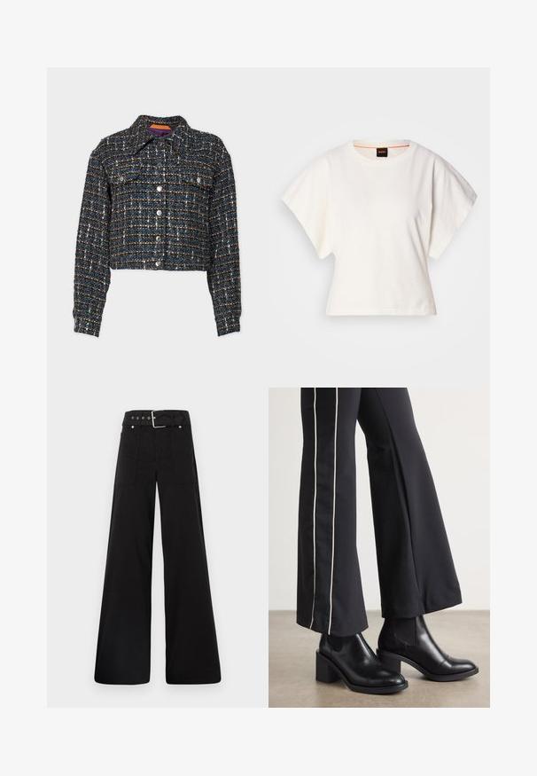 BOSS JANDRA - Giacca da mezza stagione - black; T-shirt bianca cropped, maniche corte e larghe, tessuto di cotone morbido, scollatura rotonda con bordino arancione sottile, design minimale, senza motivi o grafiche.; Pantaloni neri a gamba larga realizzati in cotone, con vita alta, ampie tasche laterali e vita con cintura arricchita da dettagli in metallo argentato.; Stivaletti in pelle nera con tacco a blocco, dotati di pannelli elastici sui lati. Abbinati a pantaloni neri con una striscia bianca laterale.