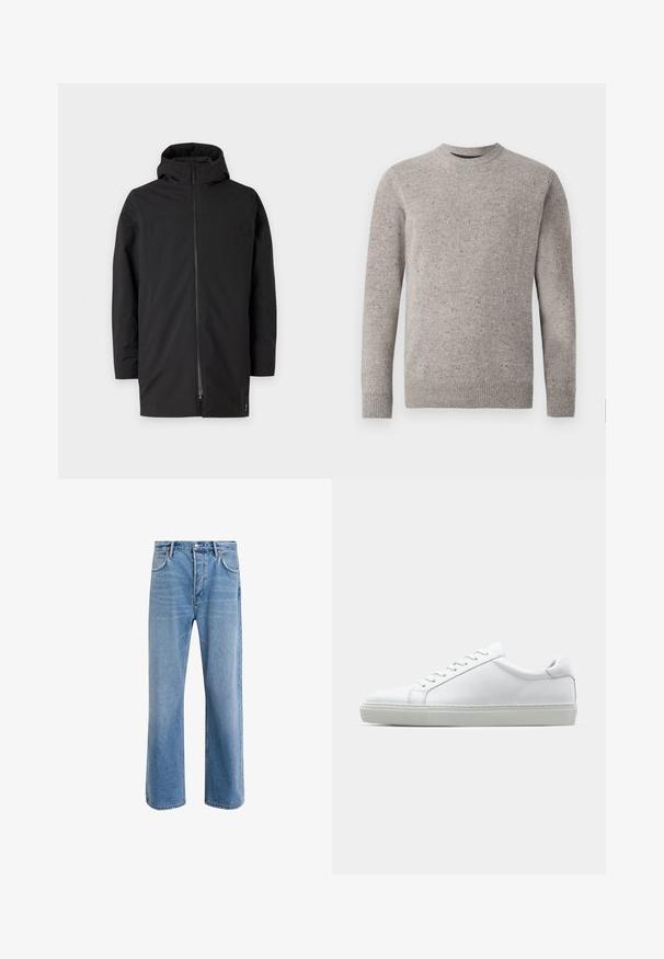 Black hooded jacket with a zip closure, made from smooth, lightweight material. Features a clean design and minimalistic style.; Light gray knitted sweater with a crew neckline, long sleeves, and ribbed cuffs and hem. Textured pattern with flecks of color.; Light blue denim jeans with a straight-leg design, five pockets, button closure, minimal fading, and contrasting stitching details.; White sneaker with a smooth leather upper and a low profile. Features a rounded toe, six eyelets, and a textured rubber sole.