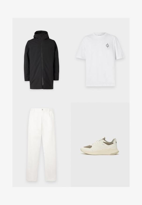 Must mustaga, mis on varrukas, lukuga ja valmistatud siledast, kergekaalulisest materjalist. Omab puhtat disaini ja minimalistlikku stiili.; Valge puuvillane t-särk lõdva sobivusega, millel on vasakul rinnal väike must graafiline logo. Lühikesed varrukad, ümmargune kaelus.; Valged püksid, mis on valmistatud siledast kangast, sirge jala disainiga, ees olevate voldidega ja ühekordse nupuga vöökohtadel.; Valge ja heledat beeži värvi spordijalats, millel on õhuke võrkmaterjal, perforatsioonidega detailid ning tekstuuriga vahetald, millel on brändi logo kannaosas.