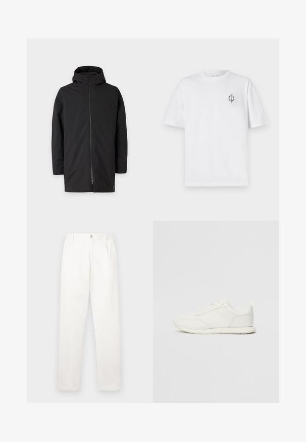 Czarna kurtka z kapturem, zapinana na zamek, wykonana z gładkiego, lekkiego materiału. Charakteryzuje się prostym designem i minimalistycznym stylem.; Biała bawełniana koszulka o luźnym kroju, z małym czarnym graficznym logo na lewej piersi. Krótkie rękawy, klasyczny okrągły dekolt.; Białe spodnie wykonane z gładkiego materiału, charakteryzujące się prostym krojem nogawki, plisami z przodu oraz pojedynczym zapięciem na guzik w pasie.; Białe trampki z siateczkową i syntetyczną cholewką, okrągłym noskiem, płaskimi sznurowadłami oraz teksturowanym paskiem bocznym. Gumowa podeszwa z pętelką z tyłu.