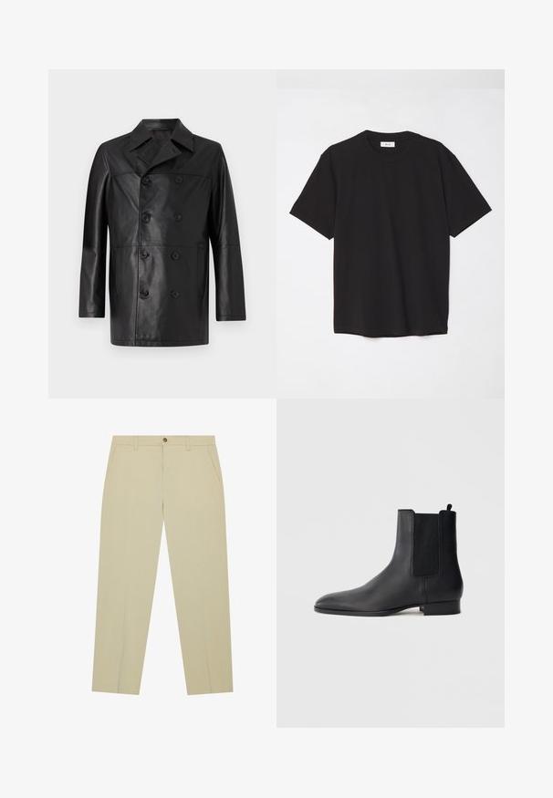 Cappotto in pelle nera con design doppiopetto, ampio colletto, bottoni frontali e maniche lunghe; texture liscia con una silhouette aderente.; T-shirt in cotone nero con colletto a girocollo, maniche corte e vestibilità comoda. Design semplice, texture liscia e senza motivi o loghi visibili.; Chinos beige realizzati in cotone leggero, con una vestibilità dritta, tasche frontali e chiusura con un solo bottone in vita.; Stivaletto Chelsea in pelle nera con pannelli laterali elasticizzati e tacco basso impilato, mostrato di profilo su uno sfondo chiaro e uniforme.