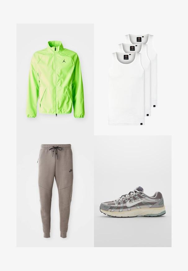 Bright green windbreaker jacket with a high collar, full zip, side pockets, and black logo. Features textured accents on sleeves.; Three white ribbed tank tops made of cotton. Features a crew neck and small black labels near the hem. Available in multiple sizes.; Gray Nike sweatpants with a drawstring waistband, tapered legs, side pockets, and distinct seam detailing. Soft, textured fabric.; Gray athletic shoe featuring a mesh and suede upper, white accents, a cushioned sole, and a distinctive design with reflective elements.