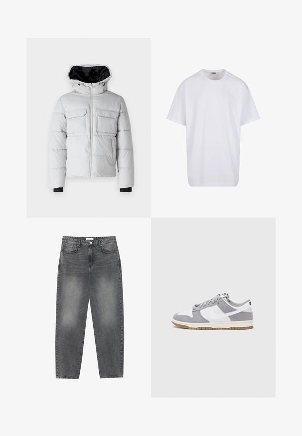 Doudoune gris clair avec capuche, fermeture éclair sur le front, deux poches sur la poitrine et doublure intérieure noire. Dispose de poignets élastiques et d'une texture matelassée.; T-shirt en coton blanc avec des manches courtes, un col rond, une coupe décontractée et sans logos ni motifs visibles. Texture lisse et design minimaliste.; Jean taille haute, décontracté en denim noir délavé. Comprend cinq poches, des passants de ceinture et un design de jambe droite épurée.; Baskets grises et blanches avec un dessus en suède et cuir, bout rond, lacets plats et semelle en caoutchouc avec une touche de gomme.
