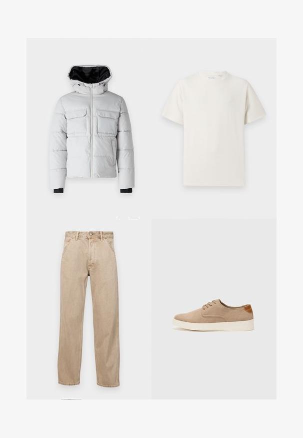 Light gray puffer jacket with a hood, front zipper, two chest pockets, and black inner lining. Features elastic cuffs and quilted texture.; White short-sleeve T-shirt in a ribbed texture. Round neckline, relaxed fit, no visible patterns or accents. Simple and versatile design.; Beige denim jeans with a straight leg design, featuring front pockets, a metal button closure, and subtle texture.; Beige suede sneakers with a rounded toe, lace-up front, and a textured back accent. White rubber sole provides contrast. Simple and modern design.