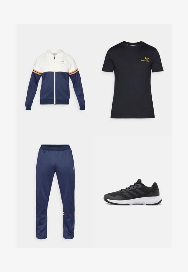 Navy-weiße Zip-Jacke mit Polokragen. Merkmale sind gestreifte Akzente in Orange und Navy, strukturierter Stoff und ein Logo auf der Brust.; Schwarzes Kurzarm-T-Shirt aus Baumwolle. Mit einem gelben Logo, das auf der linken Brust aufgedruckt ist. Klassischer Rundhalsausschnitt, glatte Textur.; Dunkelblaue Sporthose mit einem elastischen Bund, zwei seitlichen Streifen in Orange an den unteren Beinen und einem Logo am oberen rechten Bein.; Schwarzer Sportschuh mit strukturiertem Obermaterial, drei horizontalen Streifen und einer weißen Sohle mit einem gemusterten Profil. Leicht und schlank im Design.