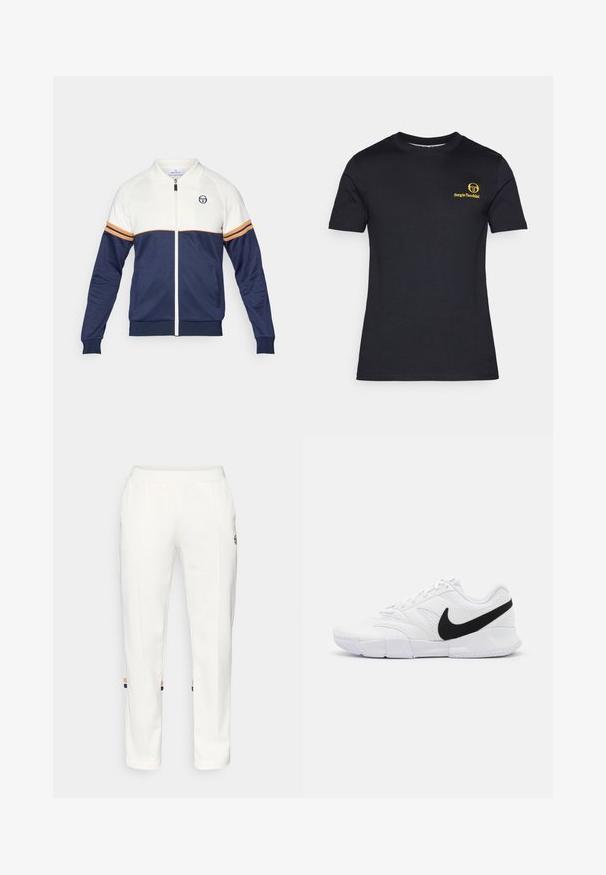 Tamsiai mėlynas ir baltas užtrauktukas su polo apykakle. Yra oranžinės ir tamsiai mėlynos juostos akcentai, tekstūruotas audinys ir logotipas ant krūtinės.; Juodas trumpomis rankovėmis medvilninis marškinėlis. Ant kairės krūtinės atspausdintas geltonas logotipas. Klasikinė apvali iškirptė, sklandi tekstūra.; Balti sportiniai džinsai pagaminti iš minkštos medžiagos, su šoninėmis kišenėmis ir spalvotomis juostelėmis ties kulkšnimi, turinčiomis oranžinius ir mėlynus akcentus.; Baltos sportinės bateliai su tekstūruotu viršumi, juodu Nike logotipu, paminkštintu apvadu ir tvirtu guminio pado su raštuotu protektoriumi.