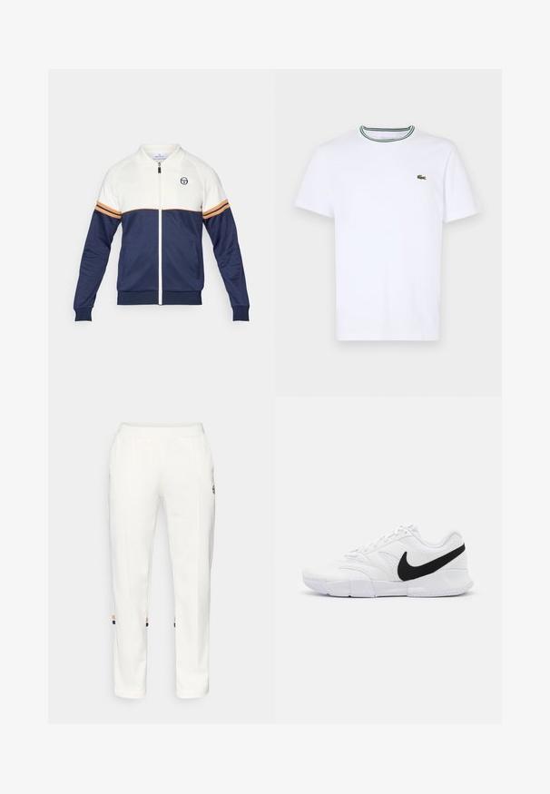 Jaqueta de fecho éclair em azul marinho e branco com colarinho tipo polo. Apresenta detalhes risca em laranja e azul marinho, tecido texturizado e um logótipo no peito.; T-shirt branco de algodão de mangas curtas com colarinho canelado, apresentando riscas verdes e pretas; pequeno logotipo verde bordado no lado esquerdo do peito.; Calças de jogging brancas feitas de um tecido suave, com bolsos laterais e riscas coloridas ao nível do tornozelo em laranja e azul.; Sapatilhas brancas com um upper texturizado, logo Nike em preto, colarinho almofadado e uma sola de borracha sólida com um padrão de textura.