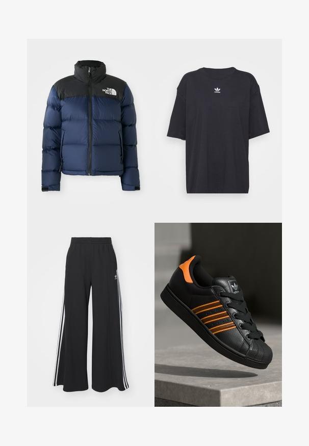 Marineblaue Steppjacke mit schwarzer Kapuze und Schultern, ausgestattet mit einem Reißverschluss vorne, genähtem Muster und Logo im linken Brustbereich.; Schwarzes Baumwoll-T-Shirt mit kurzen Ärmeln, rundem Halsausschnitt, mit einem weißen Adidas-Logo auf der Brust. Einfaches Design, lockere Passform.; Schwarze weite Sweatpants mit elastischem Bund, versehen mit weißen Seitestreifen und einem gestickten Logo auf dem linken Oberschenkel.; Schwarze Sneaker mit orangen Akzenten, drei horizontalen Streifen, strukturiertem Lederobermaterial, Gummikappe und schwarzen Schnürsenkeln.