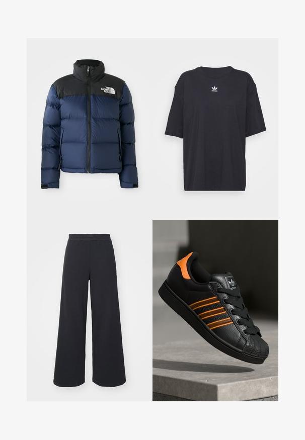 Jachetă puffer bleumarin cu glugă și umeri negri, având un fermoar frontal, un model cusut și un logo pe partea stângă a pieptului.; Tricou din bumbac negru cu mâneci scurte, gât rotund, prezentând un logo Adidas alb pe piept. Design simplu, croi lejer.; Pantaloni de trening negri, cu picioare largi, confecționați dintr-un material moale, având un talie elastică și un logo mic pe partea stângă.; Adidași negri cu accente portocalii, trei dungi orizontale, parte superioară din piele texturată, capac de cauciuc pentru vârf și șireturi negre.