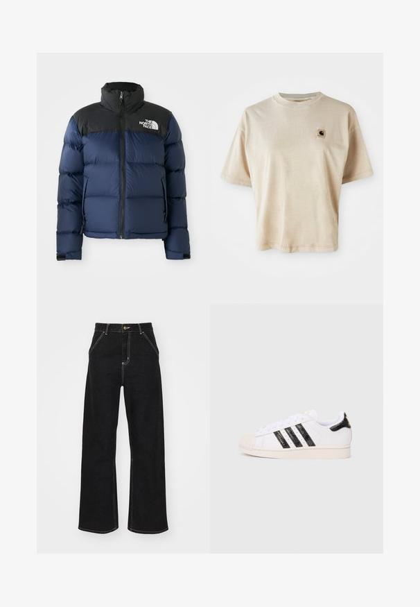 Jachetă puffer bleumarin cu glugă și umeri negri, având un fermoar frontal, un model cusut și un logo pe partea stângă a pieptului.; Tricou din bumbac bej, cu o croială lejeră, guler rotund, mâneci scurte și un mic patch cu un logo pătrat pe partea stângă a pieptului.; Jeans negri, cu pantaloni evazați, din denim, caracterizându-se prin cusături albe contrastante și închidere cu un nasture în față, având două buzunare frontale înclinate.; Adidași albi cu dungi și accente texturate negre; au un capac de protecție din cauciuc pentru vârf, șireturi plate și amortizare în jurul gleznei.