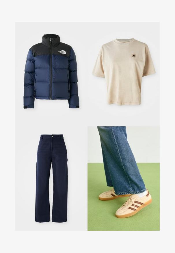 Navy blue puffer jacket with black hood and shoulders, featuring a front zip, stitched pattern, and logo on the left chest area.; Beige cotton t-shirt with a relaxed fit, crew neck, short sleeves, and a small square logo patch on the left chest area.; Navy blue wide-leg cargo pants with a sturdy cotton fabric, featuring side pockets and a button closure at the waist.; Beige sneakers with textured cream panels and brown stripes, paired with blue denim jeans. The jeans have a wide leg and frayed hem.