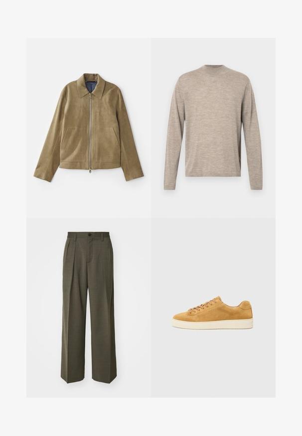 Tan suede jacket with a front zip closure, large pockets, pointed collar, and contrasting navy lining. Smooth texture, tailored design.; Light beige long-sleeve sweater with a round neckline, made from soft fabric, featuring a relaxed fit and subtle texture. No patterns or accents.; Filippa K WIDE TROUSERS - Trousers - driftwood; Tan suede sneaker with a low profile, round toe, and lace-up front. Cream rubber sole with subtle texture and minimal detailing.