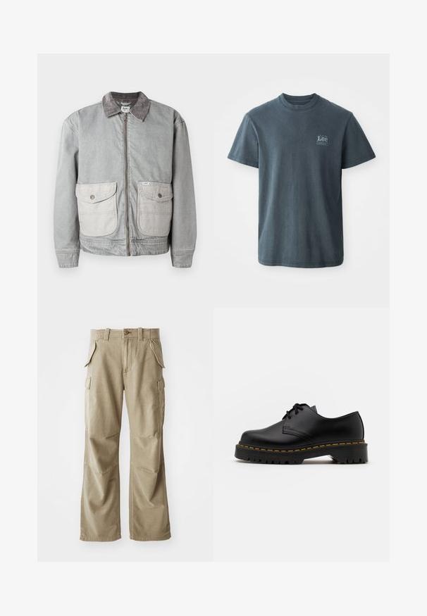 Grijze denim jack met een corduroy kraag, twee grote voorkruiszakken en een ritssluiting. Heeft een contrasterende, lichtere zakstof.; Donkergrijze katoenen T-shirt met ronde hals, korte mouwen en een klein bedrukt logo aan de linkerkant. Klassieke pasvorm met rechte zoom.; Beige cargobroek van duurzaam materiaal, met een relaxte pasvorm, meerdere zijzakken en verstevigde knieën. Vlakke voorkant.; Zwarte leren veterschoen met een ronde neus, getextureerde rubberen zool en gele stiksels rond de basis. Plat ontwerp en een gladde afwerking.