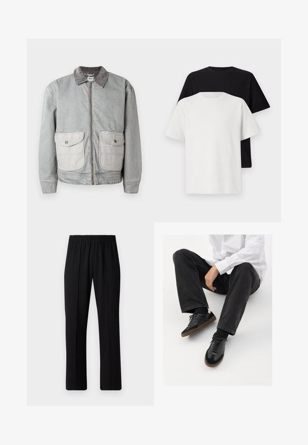 Gray denim jacket with a corduroy collar, two large front pockets, and a zip closure. Features a contrasting lighter pocket fabric.; Cotton t-shirt set featuring a black top and a white top, both with short sleeves, round neckline, and standard fit. Textured fabric.; Black, elastic-waist trousers with a straight-leg design, featuring a smooth texture and no visible patterns or hardware.; Black sneakers with a smooth and textured upper, featuring a rubber sole and dark laces. Paired with black jeans and a white striped shirt.