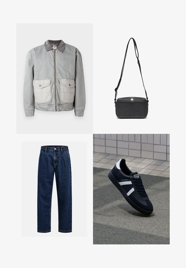 Pilkas džinsinis švarkas su veliūro apykakle, dviem didelėm priekinėm kišenėm ir užtrauktuku. Yra kontrastinga šviesesnė kišenės medžiaga.; Kreminės spalvos medvilninė marškinė su trumptomis Rankovėmis ir apvaliu iškirpimu. Su grafiniu spausdinimu mėlynos ir raudonos spalvos su tekstu ir motyvu.; Tamsiai mėlynos džinsinės kelnės su tiesiu sijonu. Savybė - matoma siūlė, mygtuko uždarymas ir priekinei daliai raukiniai, suteikiantys papildomą detales.; Juodas odinis sportinis batelis su baltais dryžiais, tekstūruota gumine padais ir raišteliais priekyje. Yra prekės ženklą žymintis etiketė ant liežuvio.; Juodas odinis per petį nešiojamas krepšys su užtrauktuku, iškilniu logotipu priekyje ir reguliuojama dirželiu. Lygus paviršius, stačiakampio formos.