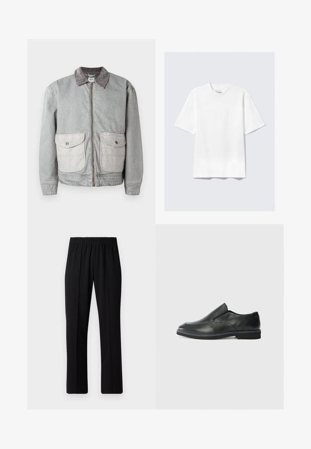 Grijze denim jack met een corduroy kraag, twee grote voorkruiszakken en een ritssluiting. Heeft een contrasterende, lichtere zakstof.; Effen witte kortemouwen relaxte T-shirt plat neergelegd op een lichtgrijze achtergrond.; Zwarte, elastische broek met rechte pijpen, met een gladde textuur en zonder zichtbare patronen of hardware.; Zwarte leren instapper met een soepele bovenkant, gestikte accenten, ronde neus en een lage rubberen hak. De zool heeft minimale profiel.