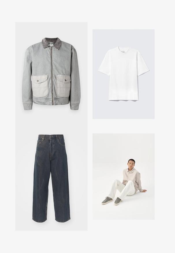 Giacca di jeans grigia con colletto in velluto, due grandi tasche frontali e chiusura con zip. Presenta un tessuto delle tasche di un colore più chiaro in contrasto.; T-shirt bianco corto a maniche corte dalla vestibilità rilassata disteso su uno sfondo grigio chiaro.; Jeans in denim blu scuro a gamba ampia con una sottile texture strappata, cinque tasche e una chiusura classica con bottone e zip in vita.; Camicia beige abbottonata, pantaloni bianchi e sneakers grigi. La camicia ha una vestibilità ampia e le sneakers presentano una superficie texture e un design con lacci.