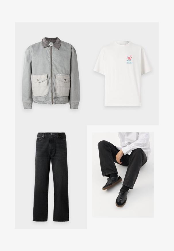 Grijze denim jack met een corduroy kraag, twee grote voorkruiszakken en een ritssluiting. Heeft een contrasterende, lichtere zakstof.; Witte katoenen T-shirt met ronde hals, korte mouwen, voorzien van een kleurrijk bloemontwerp en de tekst "Saint Tropez" op de borst.; Zwarte jeans met een rechte pijp, gemaakt van denim. Bevat een knoop- en ritssluiting, koperen hardware en een licht rafelige zoom aan de onderkant.; Zwarte sneakers met een glad en textuur detail, voorzien van een rubberen zool en donkere veters. Gecombineerd met zwarte jeans en een wit gestreept shirt.