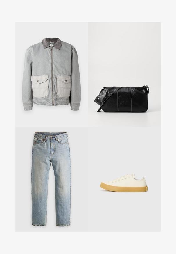 Jachetă din denim gri cu guler din catifea, două buzunare mari în față și închidere cu fermoar. Prezintă un material mai deschis la culoare pentru buzunare, în contrast.; Tricou scurt cu mânecă, de un gri deschis, expus pe un fundal alb, văzut din față, fără logo-uri sau desene vizibile.; Jeans din denim de culoare albastru deschis, cu talie înaltă, nasture frontal, fermoar și design cu cinci buzunare, așezate platesc pe un fundal neutru.; Tenisi din pânză de culoare albă murdară, cu vârf rotund, dotati cu talpă din cauciuc bej și cinci găuri pentru șireturi, cu un finisaj texturat pe partea superioară.; Geantă de umăr din piele neagră cu închidere cu fermoar, având un corp texturat, cusături albe și o curea cu ochiuri argintii.