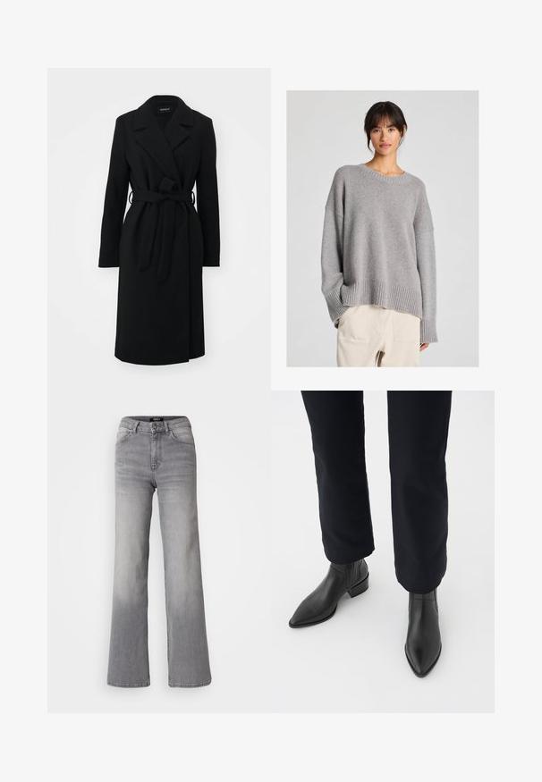 Zwarte wikkeljas met een geknipt kraag, lange mouwen, riem in de taille en een rechte snit, gemaakt van een zachte, gestructureerde stof.; Grijze gebreide trui met een ontspannen pasvorm, ronde halslijn, geribde manchetten en zoom. Zachte textuur met een subtiel breipatroon. Gecombineerd met lichte broeken.; Grijs denim jeans met hoge taille en rechte pijpen, voorzien van een knoop en ritssluiting aan de voorkant, voor- en achterzakken, en een vervaagde schaduw op de dijen en kuiten.; Zwarte leren enkellaarsjes met een spitse neus, blokhak en textuurpanelen aan de zijkanten, gedragen met donkere broeken tegen een witte achtergrond.