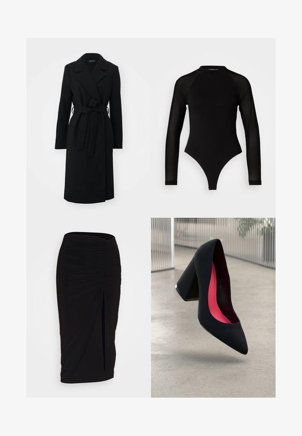 Manteau noir avec col cranté, manches longues, ceinture à la taille et coupe droite, fabriqué à partir d'un tissu doux et texturé.; Bodysuit noir à manches longues avec col haut, doté d'un tissu solide sur le torse et de manches en maille transparente, conçu dans une coupe ajustée.; Jupe crayon noire froncée avec détail à nouer et fente latérale. Fabriquée à partir d'un tissu extensible, elle présente une texture lisse et une coupe ajustée.; Chaussure à talon noir avec un bout pointu, surface texturée et un intérieur rose vif. Dotée d'un talon épais avec un accent en argent.