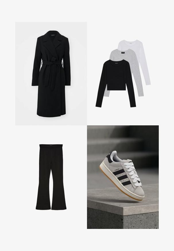 Schwarzer Wickelmantel mit Reverskragen, langen Ärmeln, Gürtel in der Taille und geradem Schnitt, aus einem weichen, strukturierten Stoff gefertigt.; Drei langärmelige Oberteile gestapelt: schwarz, grau und weiß. Jedes hat einen runden Halsausschnitt und ein kurzes Design aus glattem, leichtem Stoff.; Schwarze Schlagleggings aus dehnbarem Stoff. Sie verfügen über einen breiten Bund und eine glatte Textur, mit einer enganliegenden Silhouette, die am Saum ausgestellt ist.; adidas Originals CAMPUS 00S W - Sneaker low - crystal white/core black/off white