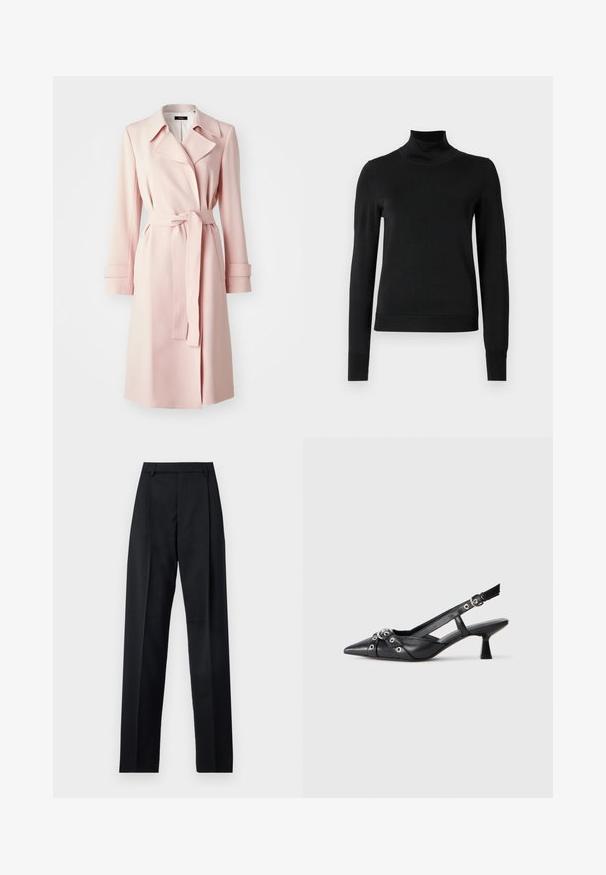 Lichtroze trenchcoat van gladde stof, met een gekarteld kraag, een ceintuur in de taille en lange mouwen met manchetten.; Zwarte trui met lange mouwen en col, voorzien van geribde manchetten en zoom, weergegeven op een effen witte achtergrond.; Zwarte broek gemaakt van gladde stof met een hoge taille, wijde benen, voorplooien en klassieke ceintuurlussen. Geen zijzakken zichtbaar.; Zwarte leren slingback schoen met een puntige neus, decoratieve banden met metalen oogjes en een lage blokhak. Textuur oppervlak.