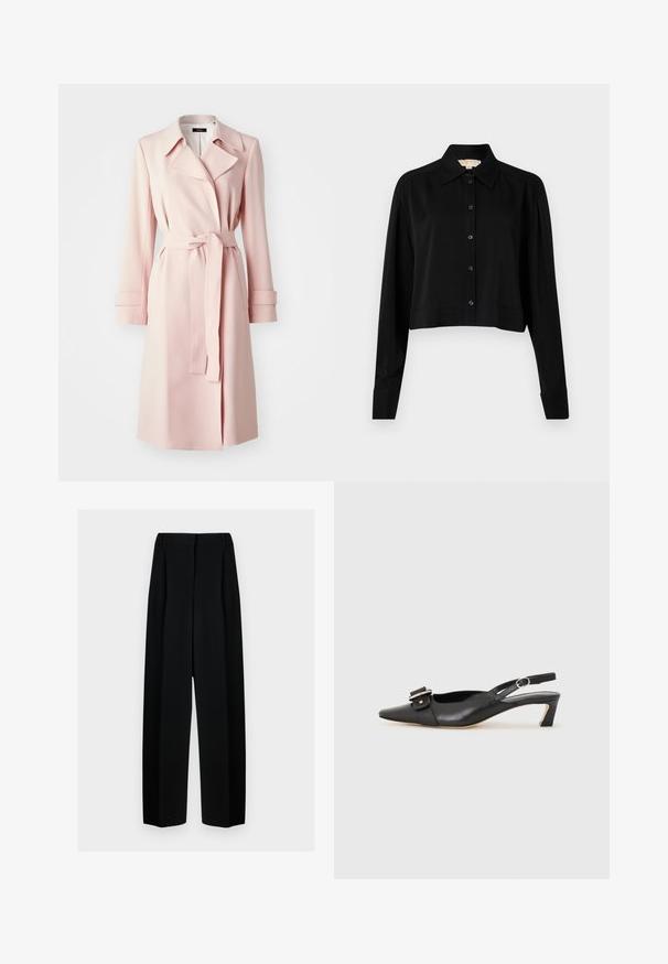 Svetlo roza plašč z gladkim materialom, ki ima izrezan ovratnik, pas z obročem in dolge rokave z dodatki na manšetah.; Črni kratki top z dolgimi rokavi, s končnim ovratnikom in gumbi spredaj. Narejen iz gladkega materiala z sproščenim krojem in manšeti na rokavih.; Črne široke hlače z visokim pasom, ki vključujejo naborke in gladko teksturo. Tkanina se zdi lahka in elegantno pada.; Črne usnjene slingback čevlje z ostrim nosom, majhnim petam in dekorativno sponko na zgornjem delu. Gladka tekstura, minimalistična zasnova.