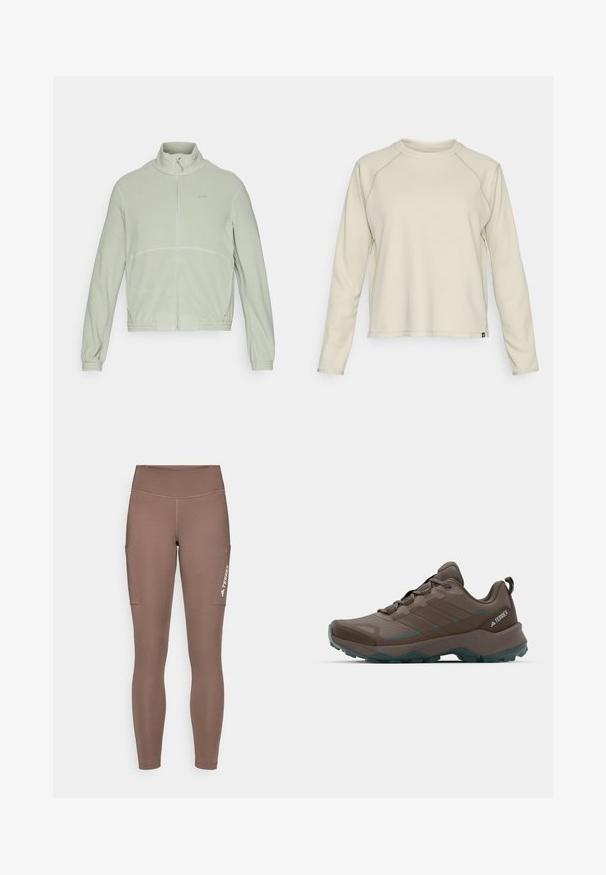 Veste en polaire de couleur vert clair avec un col montant, fermeture éclair intégrale à l'avant, poignets élastiques et détails de couture subtils sur la poitrine.; Haut beige clair à manches longues avec un design texturé et côtelé. Comprend des manches raglan et un col arrondi. Logo de la marque discret au niveau de l'ourlet.; Leggings de sport marron avec une taille haute, dotés de poches latérales et d'un logo blanc. Tissu lisse et extensible pour le confort et la liberté de mouvement.; Chaussures de randonnée grises et sarcelle avec des panneaux en maille, un dessus texturé et une semelle extérieure en caoutchouc robuste. Comprend une languette rembourrée et un design à lacets.