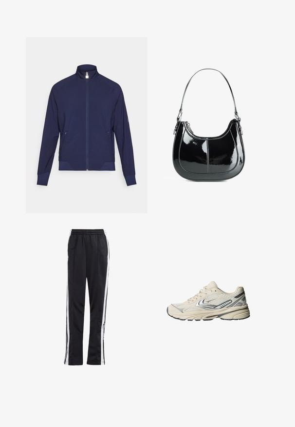 Marineblå lynlåsjakke med høj krave, strukturerede sidelapper og to sidelommer. Blødt, strækbart stof med perforerede detaljer.; Hvid ribbet tanktop med scoop-udskæring og brede stropper. Blødt stof med en behagelig tekstur og syede kanter. Simpelt, tætsiddende design.; Sorte træningsbukser med hvide sidelister, elastisk talje og et logo-patch. Fremstillet af glat, letvægtsstof. Lige ben design.; Kremfarvet sportssko med en mesh-overdel, sølvfarvede detaljer og en tekstureret gummisål. Designet til komfort og stabilitet.; Sort patent læder håndtaske med en buet design, lynlåslukning og en enkelt skulderrem med sølvfarvet hardware og syninger som accents.