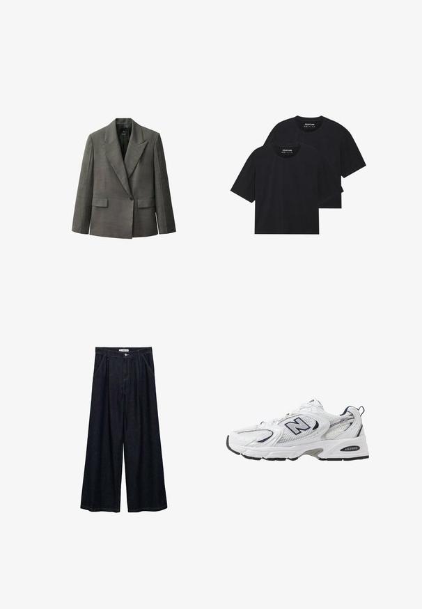 Dopasowany szary żakiet z ostrym kołnierzem, dwiema przednimi kieszeniami i pojedynczym zapięciem na guzik. Wykonany z teksturowanej tkaniny, zapewniającej zachowanie strukturalnego dopasowania.; Czarne bawełniane koszulki w luźnym kroju, z krótkim rękawem i okrągłym dekoltem. Pokazane są dwa egzemplarze o gładkiej fakturze.; Ciemnoniebieskie spodnie o szerokich nogawkach z wysokim stanem, z zamknięciem na guzik z przodu, dwoma bocznymi kieszeniami oraz detalami w szwach.; Białe sportowe buty z siateczkową cholewką, granatowymi akcentami i wyściełaną podeszwą. Posiadają logo "N", sznurówki oraz teksturowany detal po boku.
