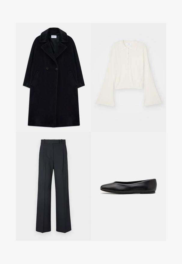 Černý dlouhý vlněný kabát s širokými klopami, dvoubarevnými knoflíky, bočními kapsami a štítkem Marella uvnitř límce.; Hladký krémový polo tričko s dlouhými rozevlátými rukávy a páskou s pěti knoflíky. Obsahuje límeček s jemnou texturou.; Tmavě modré kalhoty s pruhy, vysokým pasem, širokým nohavicemi a bez viditelného kování nebo ozdob. Hladká textura a přesně padnoucí střih.; Paul Smith TOPANGA - Klasické baleríny - black