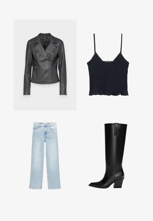 Crna kožna motoristička jakna s izrezanim ovratnikom, asimetričnim prednjim zatvaračem i tri zipirana džepa. Sadrži šivane detalje na rukavima.; Tamno plavi, nabrani kratki top s tankim podesivim trakama i volanima na rubu. Napravljen od lagane tkanine s teksturiranom površinom.; Svijetloplave široke traperice izrađene od denima s visokim strukom, pet džepova i zatvaračem na gumbe. Ima minimalne detalje šivanja.; Crne kožne čizme do koljena s izdignutim vrhom, blok petom i detaljem šava sa strane. Uključuje stražnji čep za lakše obuvanje.
