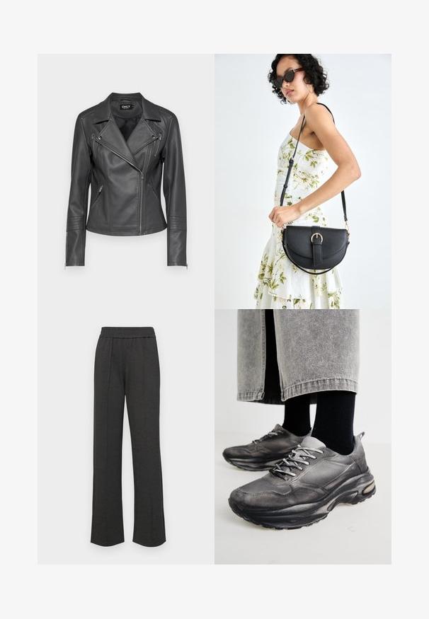 Veste de moto en cuir noir avec un col à revers, fermeture éclair frontale asymétrique et trois poches zippées. Présente des coutures décoratives sur les manches.; T-shirt en coton blanc à manches courtes bouffantes, avec de petites embellissements en argent le long des manches. Encolure arrondie classique, coupe décontractée.; Pantalons droits noirs avec une taille élastique, des plis avant, un tissu doux et sans motifs ni détails matériels visibles.; Des chaussures de sport noires et grises présentent un dessus en mesh, des semelles épaisses et des lacets. Elles ont un bout arrondi et des détails de rembourrage visibles.; Sac à main en cuir noir avec une forme courbée, bandoulière amovible et des accessoires en or. Le sac est doté d'un rabat avec un détail de boucle.