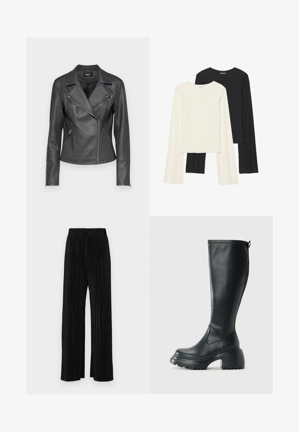 Jaqueta de motociclista em couro preto com colarinho com recorte, fecho frontal assimétrico e três bolsos com fecho éclair. Apresenta detalhes de costura nas mangas.; Conjunto de duas blusas de manga longa em branco e preto. Textura canelada, decote redondo, design ajustado com mangas ligeiramente evasê.; Calças pregueadas pretas com uma cintura elástica. Apresentam pernas largas e um tecido liso, texturizado com riscas verticais.; Bota preta de couro alta com sola de plataforma robusta e salto bloco, apresentando puxador e padrão texturizado na sola.