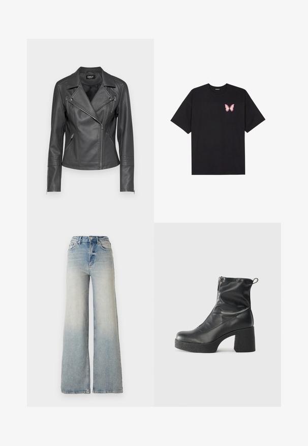 Black leather motorcycle jacket with a notched collar, asymmetrical front zipper, and three zippered pockets. Features stitched detailing on sleeves.; Black cotton t-shirt with short sleeves, featuring a small pink butterfly graphic on the left chest. Crew neck design with a relaxed fit.; Light blue wide-leg jeans made of denim, featuring a high waist, five pockets, and visible stitching along the seams.; Black ankle boots made of smooth leather, featuring a side zipper, chunky textured heel, and rounded toe design.