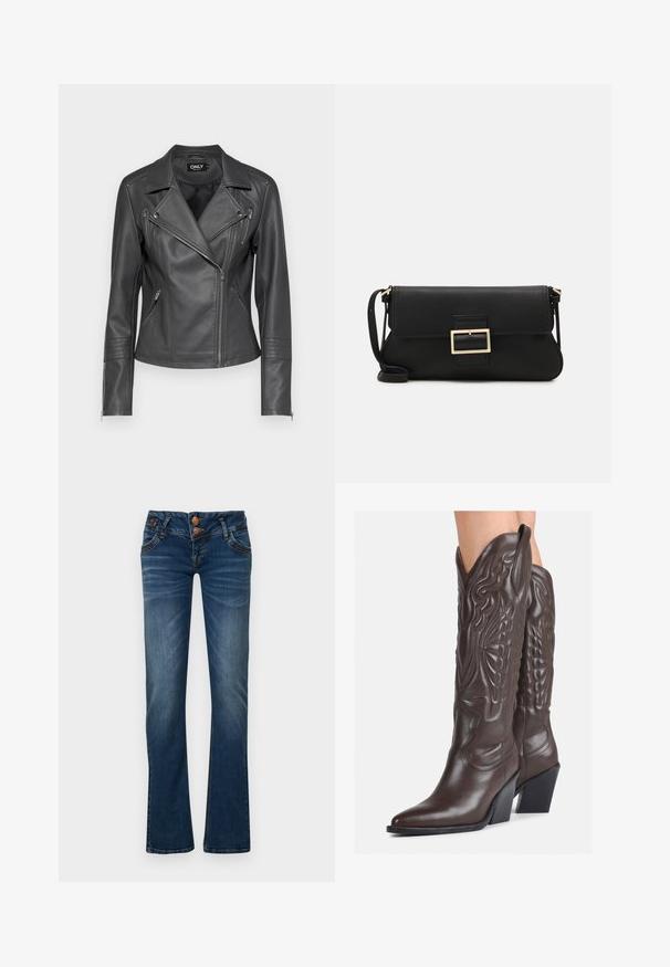 Crna kožna motoristička jakna s izrezanim ovratnikom, asimetričnim prednjim zatvaračem i tri zipirana džepa. Sadrži šivane detalje na rukavima.; Bijela majica bez rukava napravljena od rebraste tkanine, s okruglim izrezom i uklapajućim siluetom, s minimalnim šavovima i bez ukrasa.; Tamno plave traperice bootcut kroja s dva prednja gumba, pet džepova i suptilno izblijedjivanje na bedrima i koljenima.; Smeđe kožne kauboj čizme s šiljastim vrhom i blok-potpeticom, s detaljno izvezenim šavovima i uzdignutim naglascima na okovu.; Crna kožna clutch torbica s preklopom i zlatnim metalnim detaljem kopče. Uključuje crnu trakicu i elegantan, minimalistički dizajn.; Zlatne kružne naušnice s glatkom, sjajnom završnom obradom. Kružni dizajn s malom potporom i prozirnom podlogom za sigurno nošenje.