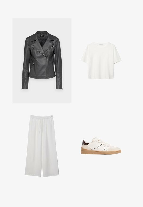 Svart skinnmotorcykeljacka med notchad krage, asymmetrisk framdragkedja och tre fickor med dragkedja. Har stickade detaljer på ärmarna.; Vit t-shirt med kort ärm i bomull. Har en rundad halsringning och en avslappnad passform. Slät textur utan synliga mönster eller detaljer.; Vita vida byxor i lätt tyg med elastisk midja och dragsko för justerbar passform. Mjuk textur.; Stradivarius Sneakers - white