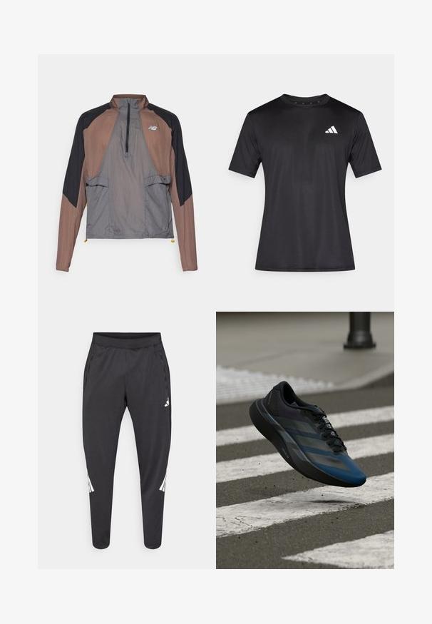 Könnyű félcipzáras dzseki barna és szürke panelek, fekete ujjak, cipzáras zsebek és állítható alsó szegély jellemzi. Új Balance logó látható.; Fekete sportos póló könnyű hálós anyagból, rövid ujjú, bal mellrészen fehér logóval.; Fekete sportnadrág karcsúsított szárakkal, rugalmas derékrésszel, oldalzsebekkel, valamint fehér logóval és csíkozással. Sima, könnyű anyagból készült.; Fekete és kék sportcipő áramvonalas kialakítással, texturált felsőrésszel, kontrasztos csíkokkal és párnázott talppal, járda fölött lebegve.