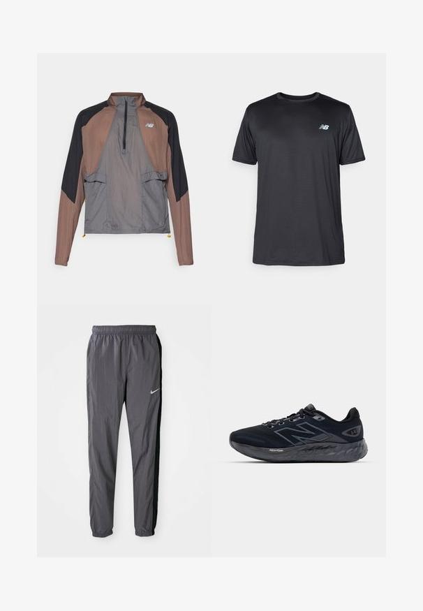 Veste légère à demi-fermeture éclair avec des panneaux marron et gris, des manches noires, des poches zippées et un ourlet inférieur ajustable. Logo New Balance affiché.; New Balance T-shirt de sport - black; Pantalons de survêtement Nike, fabriqués en tissu léger, de couleur gris foncé avec des panneaux latéraux noirs. Présente une taille élastique et un logo réfléchissant.; Baskets de running pour hommes en mesh noir avec une épaisse semelle grise, texture circulaire et accents réfléchissants. Présente le logo "New Balance" sur le côté.