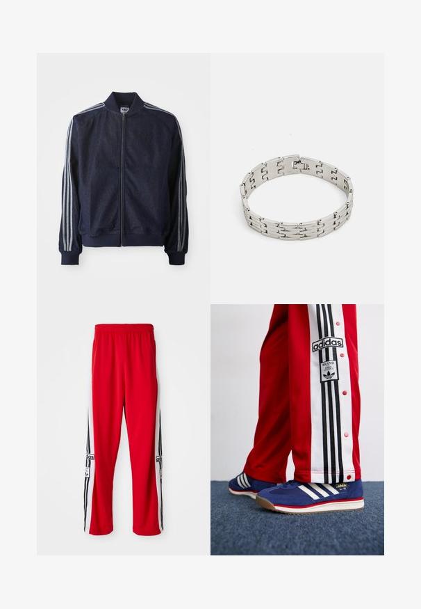 Navy denim jacket with a zip front, ribbed cuffs, and three white stripes along each arm. Features a small logo on the chest.; Three white ribbed tank tops made of cotton. Features a crew neck and small black labels near the hem. Available in multiple sizes.; Red track pants made of smooth fabric, featuring black and white side stripes with a logo patch. The waistband is elastic for comfort.; Adidas SL 72 sneakers in navy suede with three white stripes, paired with red athletic pants featuring black side stripes and snaps.; Metal bracelet with interlocking rectangular links; polished silver finish; features a secure clasp for closure.