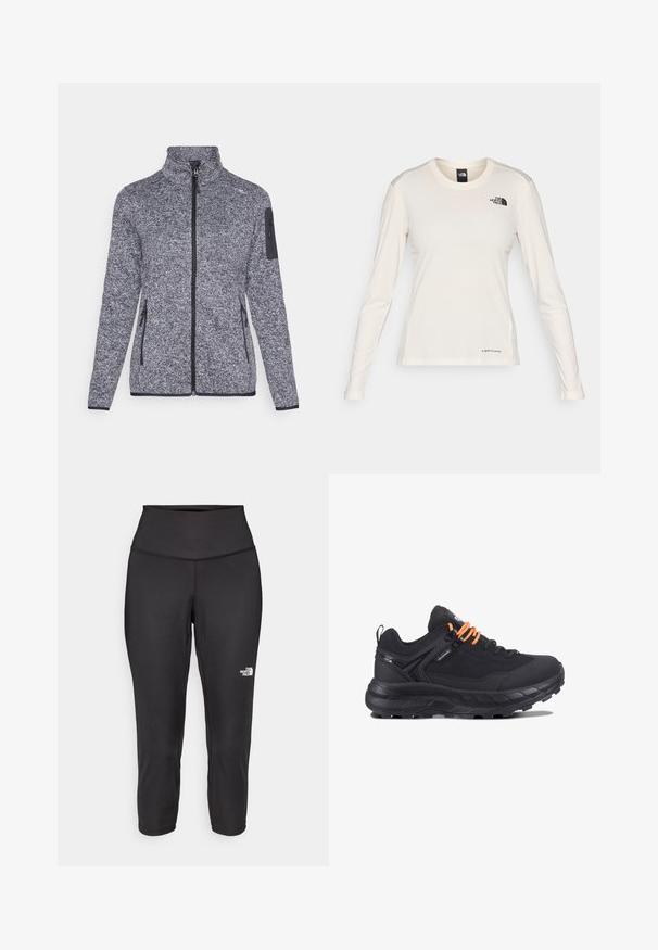 Fleece-takki tummanharmaana, jossa on teksturoitu kuosi, korkea kaulus, etuvetoketju, sivutaskut ja vetoketjullinen tasku hihassa.; The North Face SHADOW LONG SLEEVE - Pitkähihainen paita - white dune; Mustat capri-collegehousut, jotka on valmistettu joustavasta kankaasta. Ne sisältävät korkean vyötärön ja pienen valkoisen logon vasemmalla puolella. Silkkinen pinta.; Mustat urheilukengät, joissa on verkkomateriaali ylhäällä, teksturoitu musta pohja ja kirkkaan oranssit nauhat. Varustettu pehmustetulla nilkkasaumalla ja vahvistetulla varpaalla.