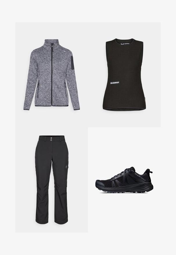 Tumedast hallist fliistekisdest jakk, millel on tekstuuriline muster, kõrge krae, ees olev lukk, külje taskud ja lukuga käistasku.; Mustat ilmaäratavad särk ilma varrukateta, millel on tekstuuriga muster, ümmargune kaelus ja esiküljel "MAMMUT" logo. Valmistatud hingavast materjalist.; Mustad mustad püksid sirge lõikega, millel on nööbiga kinnitamine, lukuga küljetaskud ja logomärk vasakul reiel.; Must musta jooksujalats, millel on võrkmaterjalist pehme ja kummist tald. Omab tekstuurseid pealset, tugevdatud varbaosa ja brändi logo kandadel.