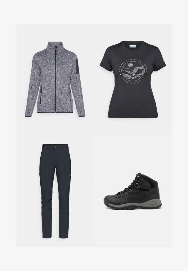 Fleece-takki tummanharmaana, jossa on teksturoitu kuosi, korkea kaulus, etuvetoketju, sivutaskut ja vetoketjullinen tasku hihassa.; Musta Columbia T-paita, jossa on valkoinen ympyrämuotoinen vuori- ja joki-viivataide sekä teksti "Columbia Sportswear Company Ulkona vuodesta 1938."; Miestne vonkajšie nohavice, tmavo šedé, vyrobené z flexibilného materiálu, s opaskom, zipsovými vreckami a zosilneným šitím.; Musta vaelluskenkä, jossa on puolivartinen muotoilu, jolle on ominaista teksturoitu päällinen, harmaat yksityiskohdat ja kestävä kumipohja, jossa on pitoita lisääviä lukuja.