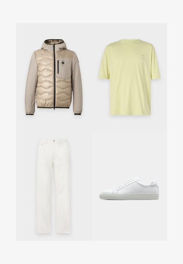 Beige puhvrjakiga, millel on tikandimuster, kapuuts ja lukuga eesmine osa. Omab rinna-taskut ja soonikkoes varrukaotsi, millel on kontrastne ääre.; Kerge kollane puuvillane t-särk lühikeste varrukatega, ümar kaelus ja kaks väikest "SAMSØE" logo trükitud vasakule ülanurka.; Valged denim teksad sirge lõikega, nööbi ja tõmblukuga sulgemine, viie taskuga disain ning ilma nähtavate mustrite või aktsentideta.; Valge tennisetoss, millel on sile nahk pealis ja madal profiil. Omab ümarat ninaosa, kuut silmust ja tekstuuriga kummist talda.