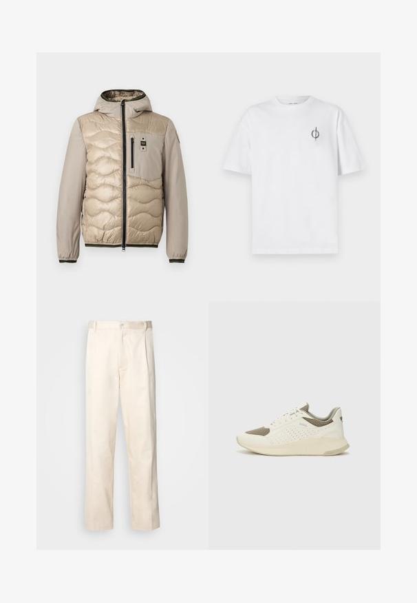 Beige színű puffertakaró kabát steppelt mintával, kapucnival és cipzáras elülső résszel. Tartalmaz egy mellzsebet és bordázott mandzsettákat kontrasztos díszítéssel.; Fehér pamut póló laza szabással, kis fekete grafikai logóval a bal mellen. Rövid ujjak, kerek nyakkivágás.; Beige pamut nadrág egyenes szárú kivágással, gombos záródással és elülső redőkkel a részletek fokozása érdekében.; Fehér és világos bézs sportcipő, légies hálós felsőrésszel, perforált részletekkel és texturált középtalppal, amelyen a saroknál a márka logója található.