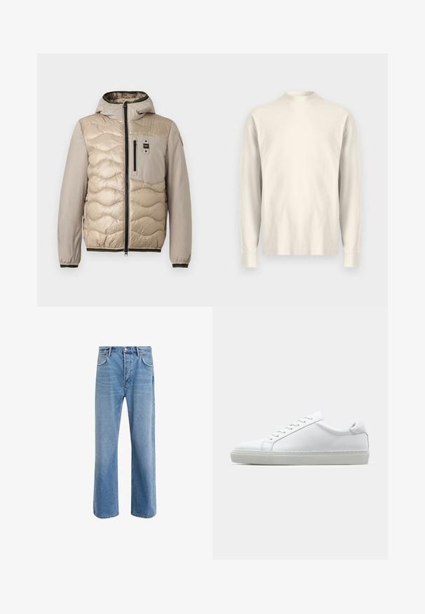 Beige puffer jacket with a quilted pattern, hood, and zippered front. Features a chest pocket and ribbed cuffs with contrasting trim.; Long-sleeve, mock-neck shirt in light cream cotton. Smooth texture, relaxed fit, minimalist design, no visible patterns or accents.; Light blue denim jeans with a straight-leg design, five pockets, button closure, minimal fading, and contrasting stitching details.; White sneaker with a smooth leather upper and a low profile. Features a rounded toe, six eyelets, and a textured rubber sole.