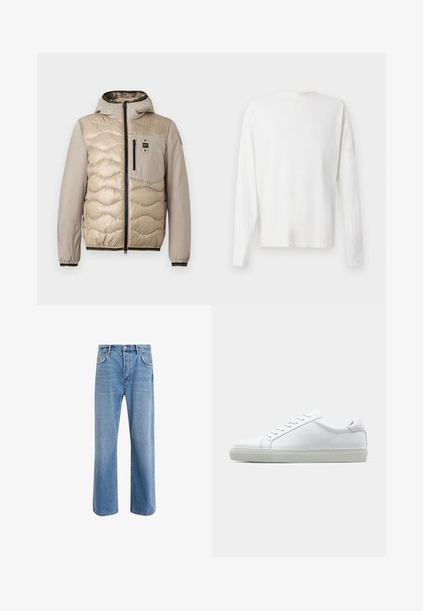 Beige puffer jacket with a quilted pattern, hood, and zippered front. Features a chest pocket and ribbed cuffs with contrasting trim.; Long-sleeved white cotton shirt with a round neckline, side slits at the bottom, and a smooth texture, displayed from the back.; Light blue denim jeans with a straight-leg design, five pockets, button closure, minimal fading, and contrasting stitching details.; White sneaker with a smooth leather upper and a low profile. Features a rounded toe, six eyelets, and a textured rubber sole.