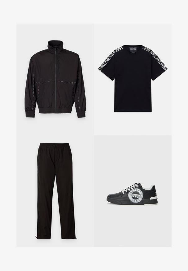 Casaco leve preto com gola alta e fecho de correr. Apresenta detalhes em costura branca nos ombros e mangas. Punhos elásticos.; T-shirt preta de manga curta com faixas brancas com o texto "Versace Jeans Couture" correndo ao longo dos ombros e das mangas superiores.; Calças leves pretas com cintura elástica, fecho por cordão ajustável e bainhas com fecho de correr para ajuste. Textura suave e elegante.; Tenis de couro preto com detalhes em branco, logótipo redondo, ponta perfurada e sola de contraste. Apresenta atacadores brancos e marca.